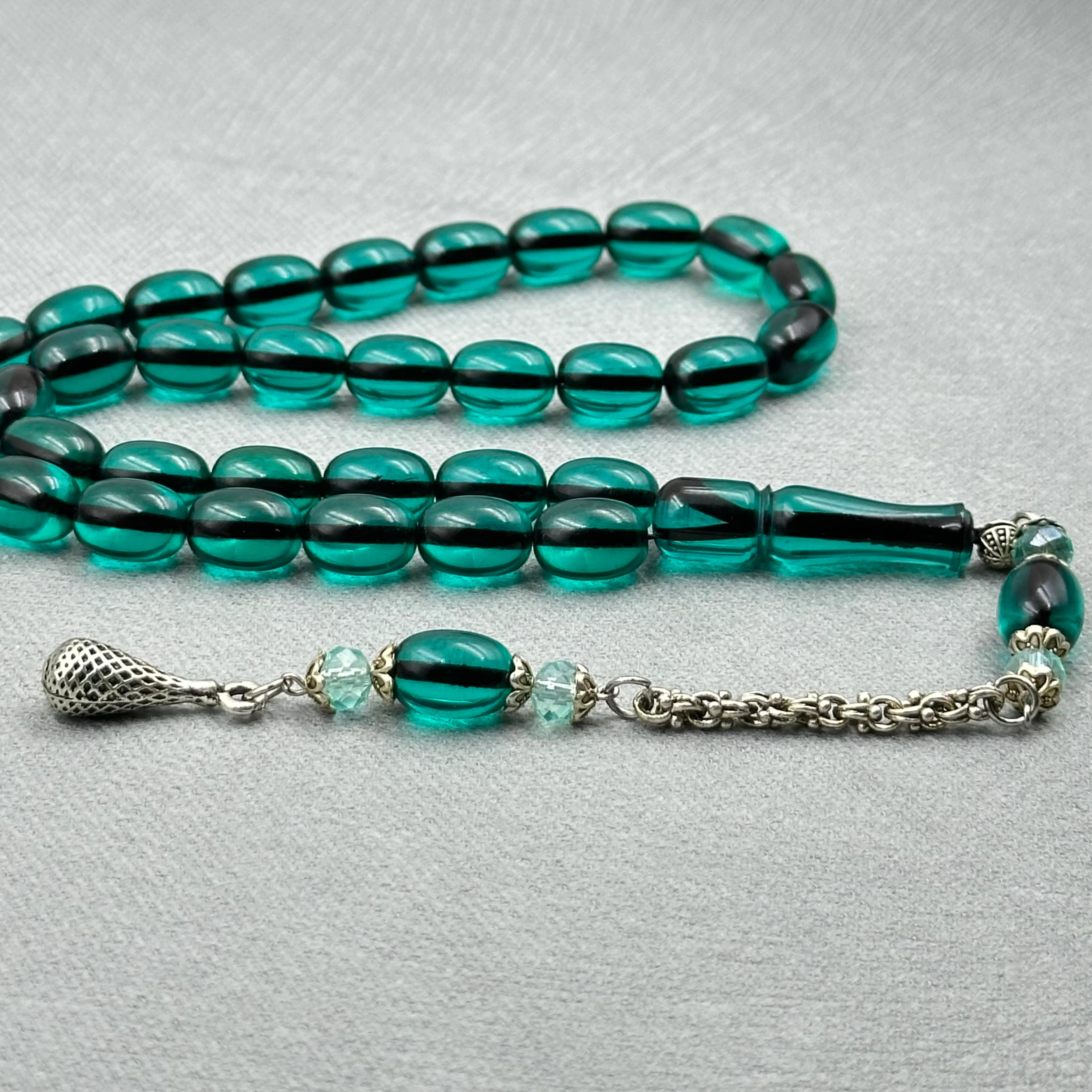 Alpaka Püsküllü Buğulu Hamur Yeşil Ateş Kehribar Tespih